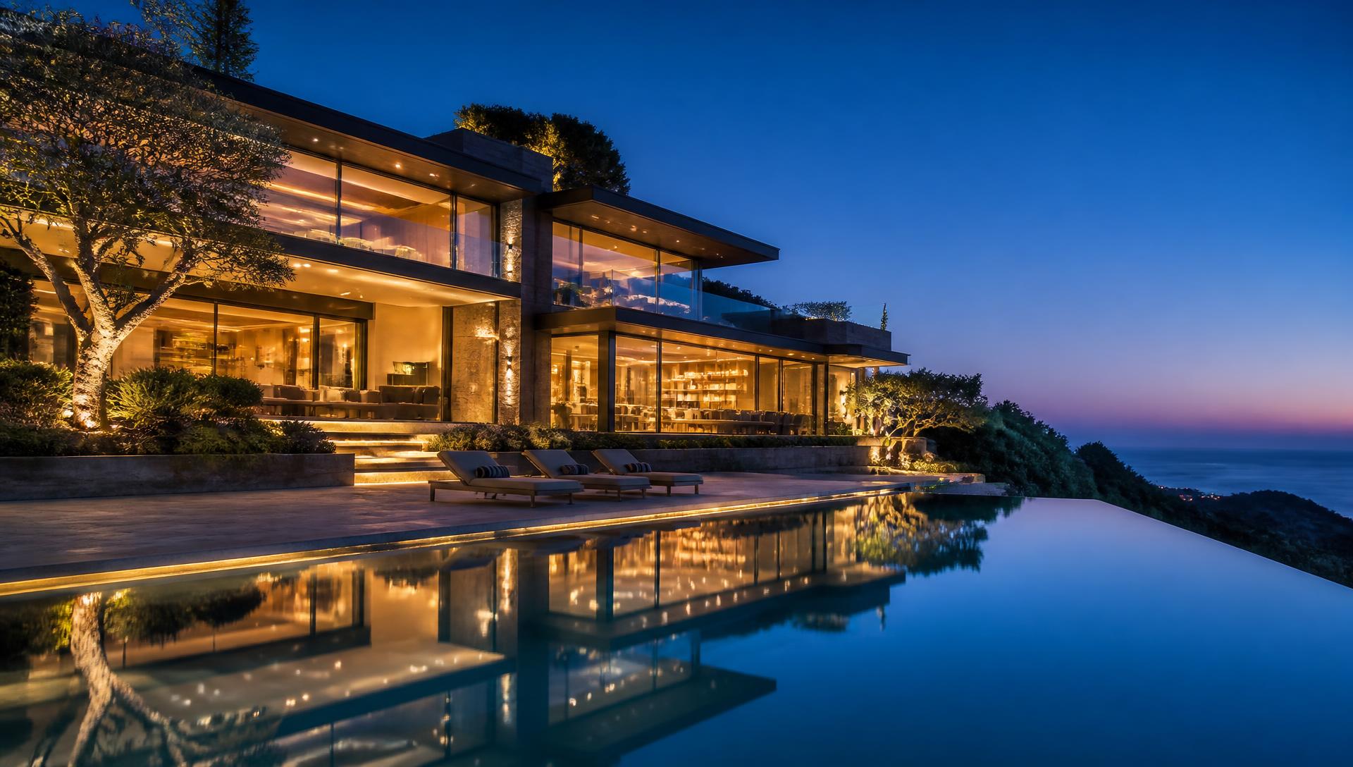 Luxury hillside villa with infinity pool at dusk